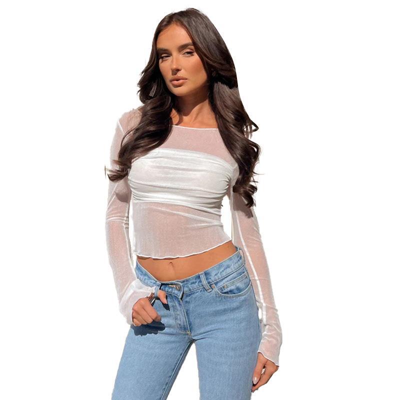 Damen Single Shoulder Top Herbst New Mesh Slim Joker Langarm Damen_voghion.com