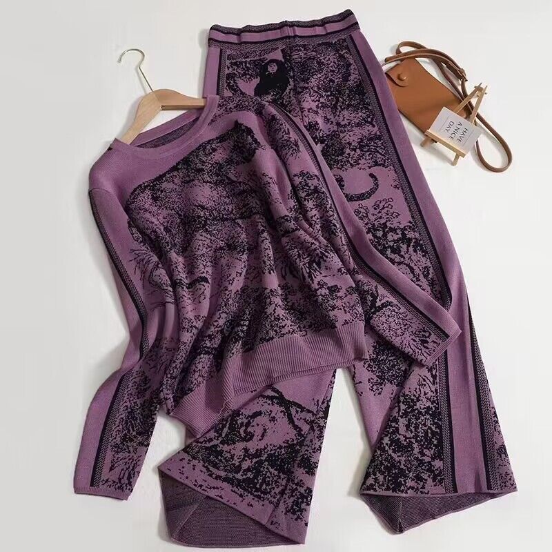 Damenbekleidung Modischer Anzug mit hoher Taille, bedruckter Hose mit weitem Bein, gerade geschnittene, schmale Hose, zweiteiliges Set, Tiger-Jacquard-Strickpullover_voghion.com