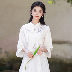 実写2025春夏新中国式刺繍上着中国風唐装茶芸服女性スカートセット