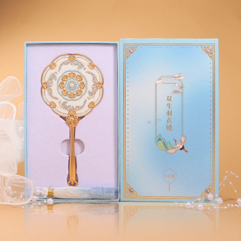 新款敦煌原创茶花凤凰古风国潮浮雕手持金属化妆镜文创伴手礼定制