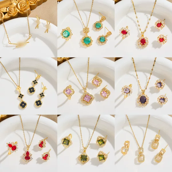 [Titanium Steel] Large Gemstone Necklace, Earrings, and Ring Set – A Luxurious and Stylish Jewelry Set with Delicate Inlaying