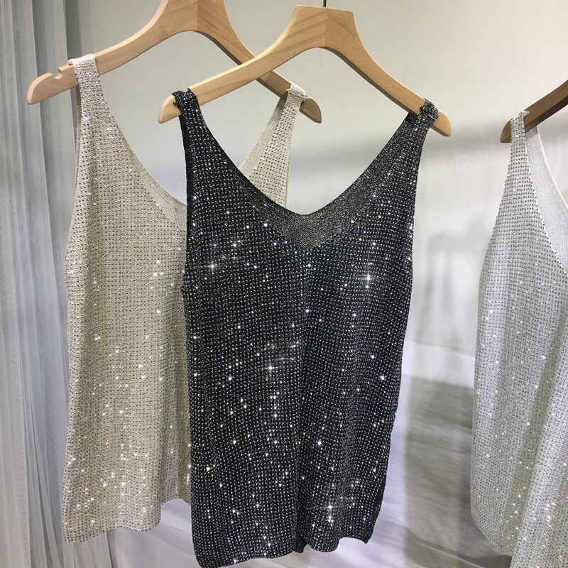 European-Style Heavy-Duty Sequin Vest, Loose Plus-Size Outerwear Camisole, Shiny Summer Rhinestone, Lightweight and Sexy V-Neck