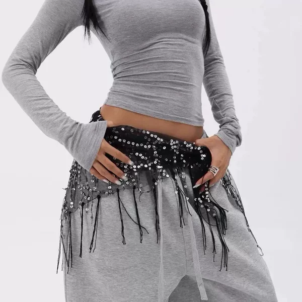Modern Dance Clothing Hip-Hop Fashionable Punk Sequin Tassel Triangle Scarf Performance Hip Scarf Waist Chain Waist Scarf Butt Curtain