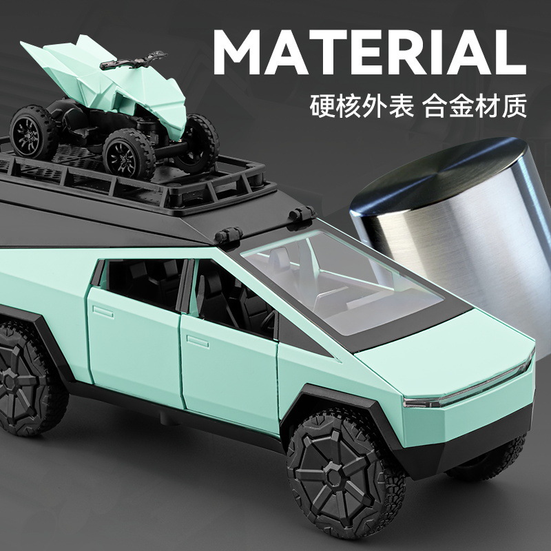 Coche a modelo de coche 1:32 Tesla pickup camping aleación coche con pequeño modelo de motocicleta decoración coche de juguete