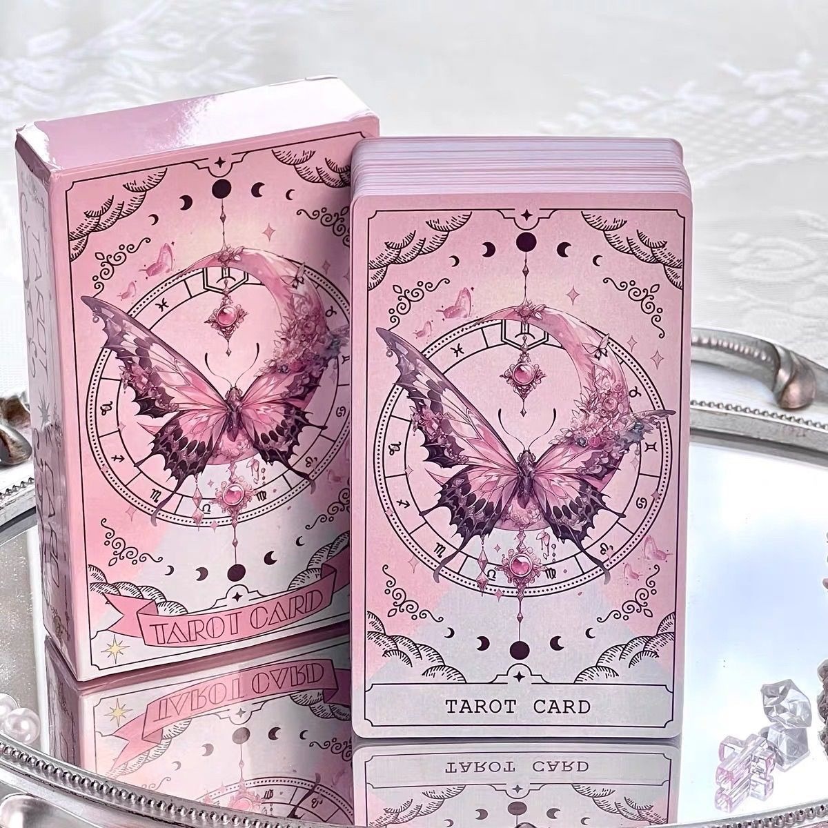 Tarot Kartları Dəsti 78 Kartlıq Çəhrayı Kəpənək Dizaynı