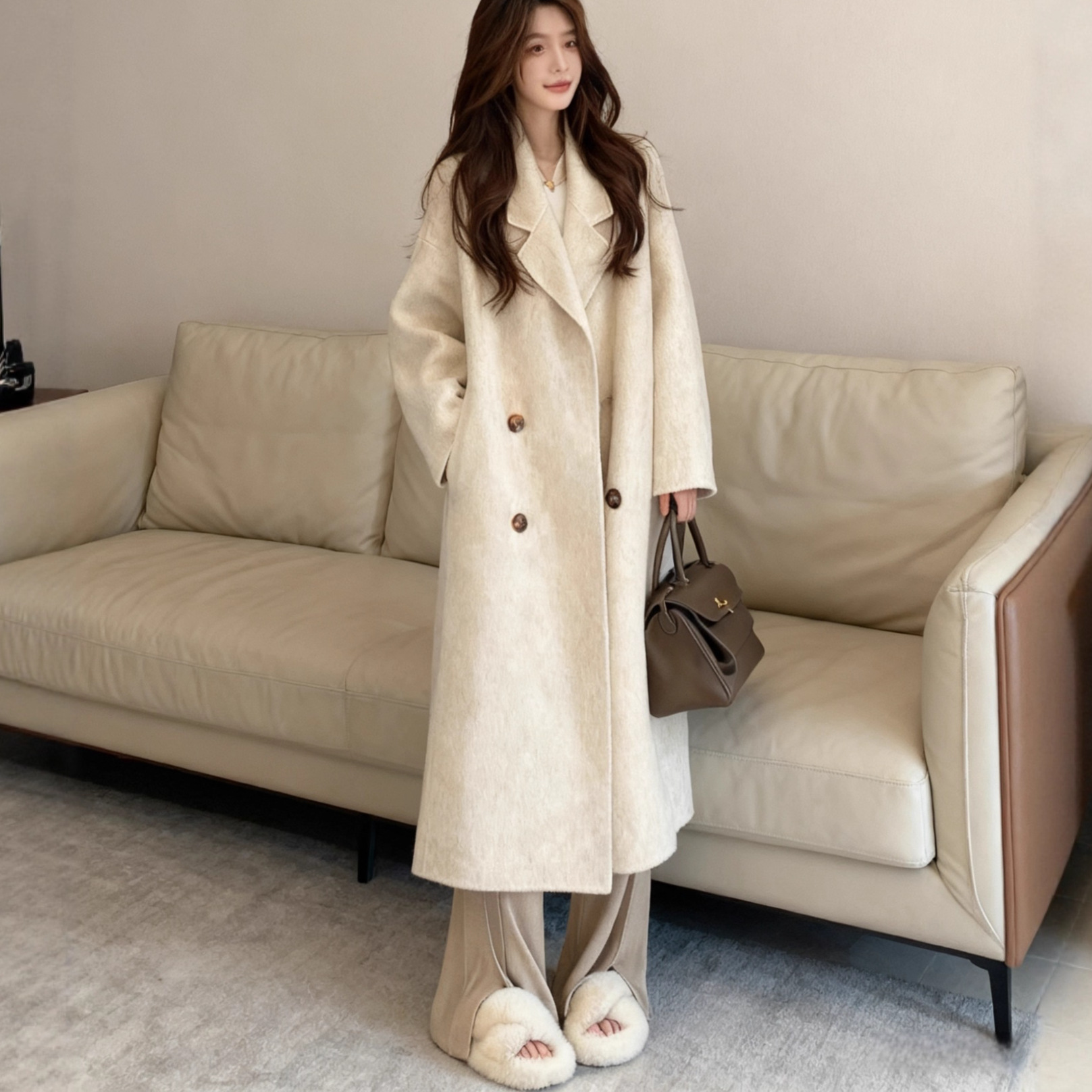 Off-White Coat for Women, New Winter Korean Style Hepburn Style Petite Mid-Length Versatile Coat A8046