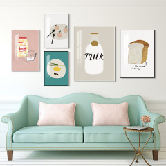 Modern Minimalist Fresh Restaurant Decoration Cartoon Milk Bottle Bread Wall Art Picture, Painting for Bakery Shop Background Wall