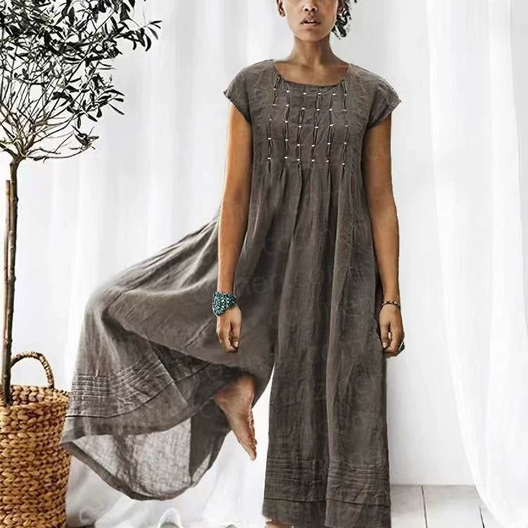 Европейский и американский свободный хлопковый льняной плиссированный сексуальный удобный комбинезон с короткими рукавами