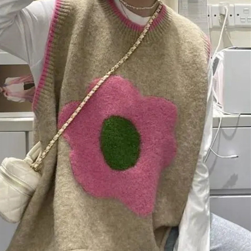 Nuevo chaleco sin mangas a juego de color redondo de punto última moda Color de contraste suelta suéter de chaleco de estilo coreano para mujer 2023 Otoño e Invierno