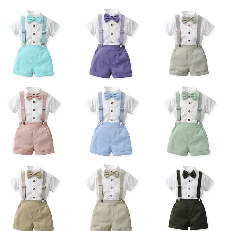 New Boys' Straps suit Summer Childhood Candy Color Vertical Collar Short Sleeve White Shirt Six One Performance Dress