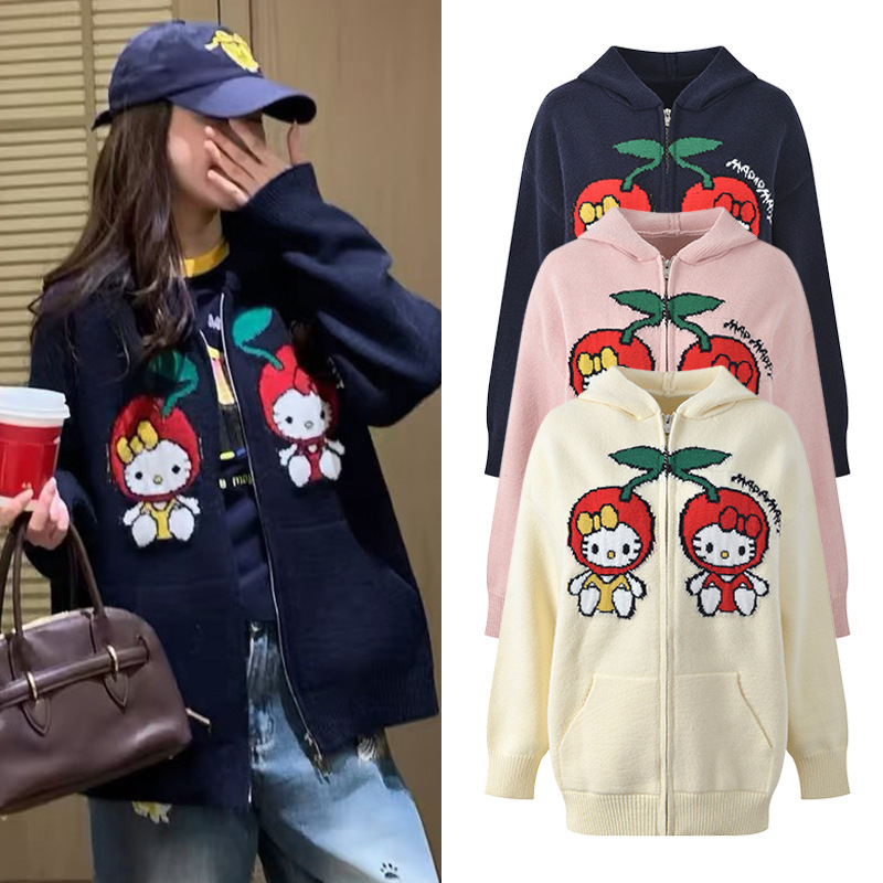 2026 Autumn New Cartoon Cute Style Jacquard Hooded Zipper Loose Versatile Knitted Cardigan Sweater Top 2026 Autumn New Cartoon Cute Style Jacquard Hooded Zipper Loose Versatile Knitted Cardigan Sweater Top