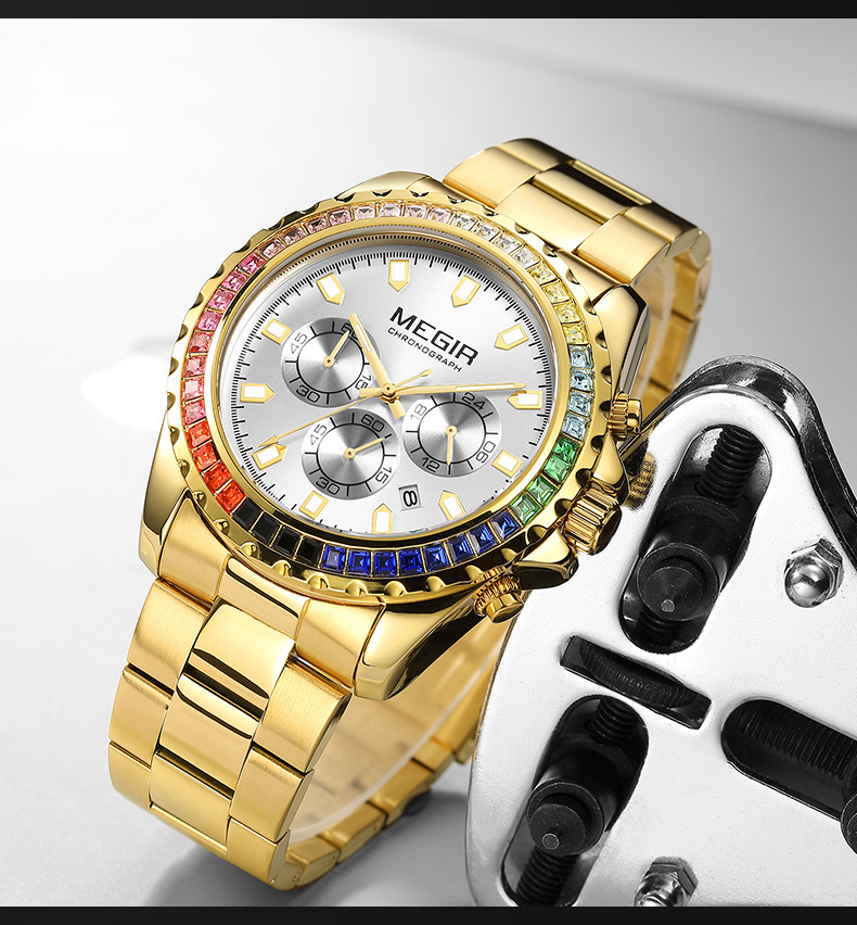 Orologio al quarzo da uomo con strass e lunetta arcobaleno_voghion.com