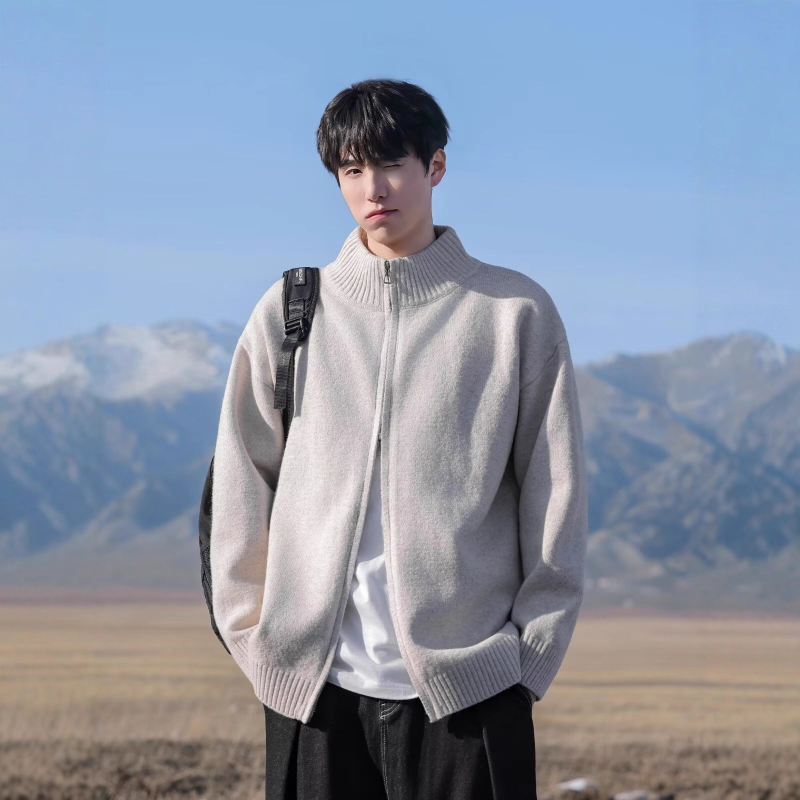 Japanese Style Double Zipper Cardigan Sweater Jacket Men's Autumn and Winter Trendy Lazy Style Casual Stand Collar Warm Knitwear