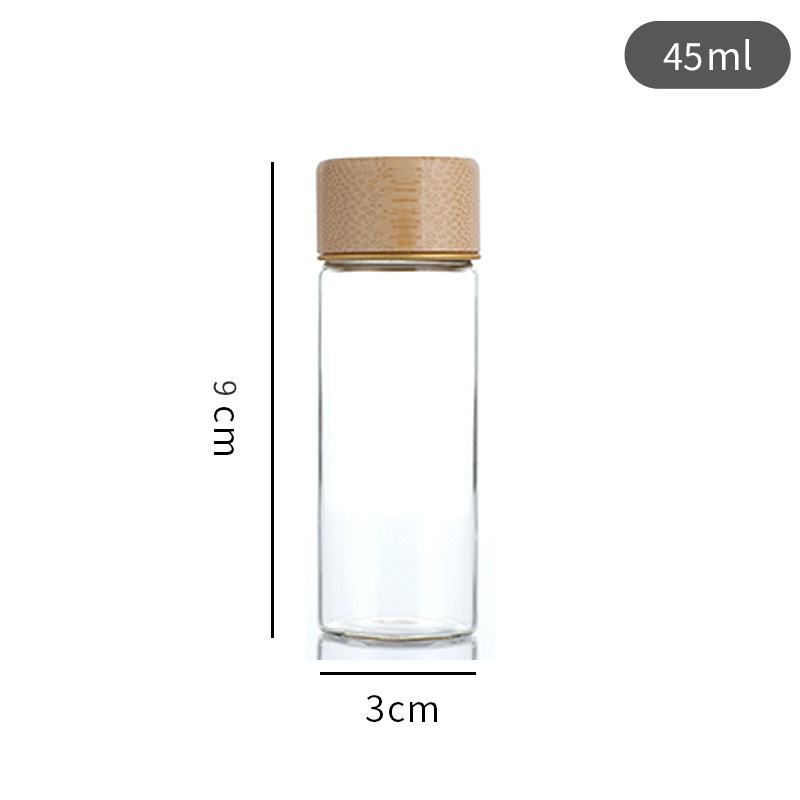 Botella de reactivo de la píldora de muestra de tapa de madera de bambú al por mayor, botella de embalaje de azafrán de boca de tornillo, botella de control de borosilicato de 30mm de diámetro