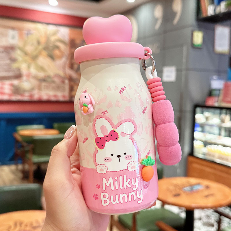 캐릭터 빨대 보온병 400ml 차거름망 휴대용 스트랩 물병