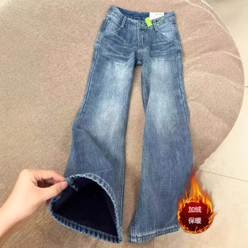 American Retro Style Non-Stretch Flared Jeans for Women, Autumn and Winter, Fleece-Lined, Thickened, Plus Size, Slimming, Wide-Leg Pants
