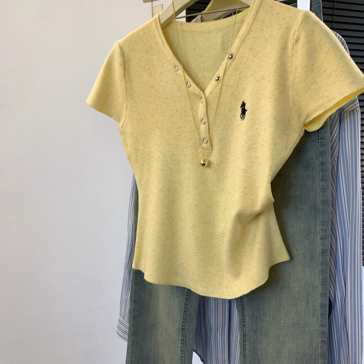 zdm プラスサイズ 150kg 個別におすすめ〜ポニー刺繍半袖 Tシャツレディース夏ボタン V ネックニットトップスイン|undefined
