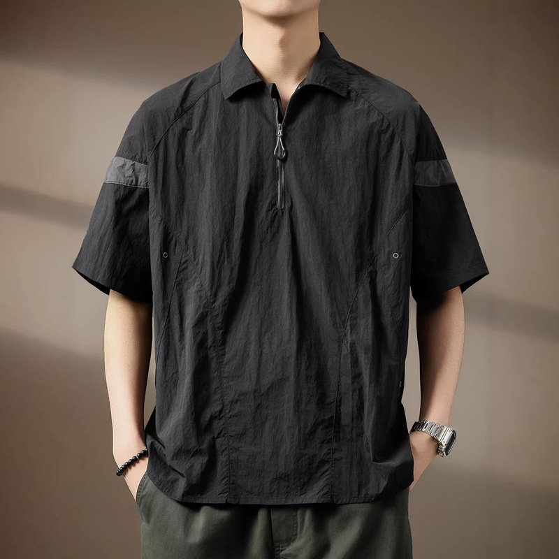 American Retro Short-Sleeve T-Shirt for Men, 2025 Summer Half-Zip Stand Collar, Stylish Workwear Top, Loose Fit, Five-Quarter Sleeves American Retro Short-Sleeve T-Shirt for Men, 2025 Summer Half-Zip Stand Collar, Stylish Workwear Top, Loose Fit, Five-Quarter Sleeves