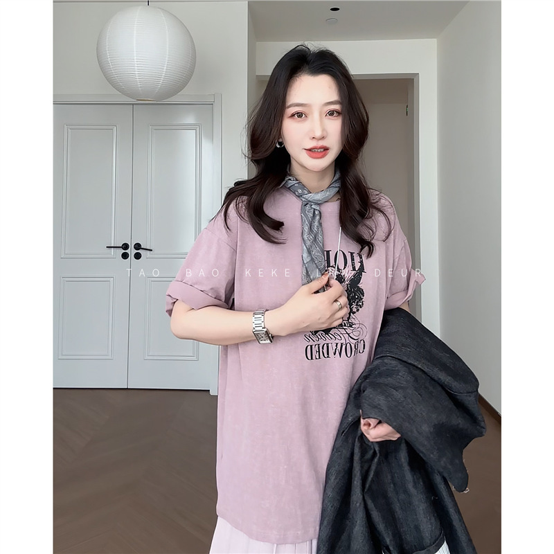 Gorgeous【Qingshan Muyu】Pink Soft Versatile Loose-Fitting Slimming Lazy Style Mid-Length Short-Sleeve T-Shirt for Women