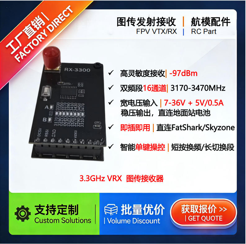 3.3G VRX 3300图传接收机16通道高灵敏度-97dBm宽电压7-36V航模FP