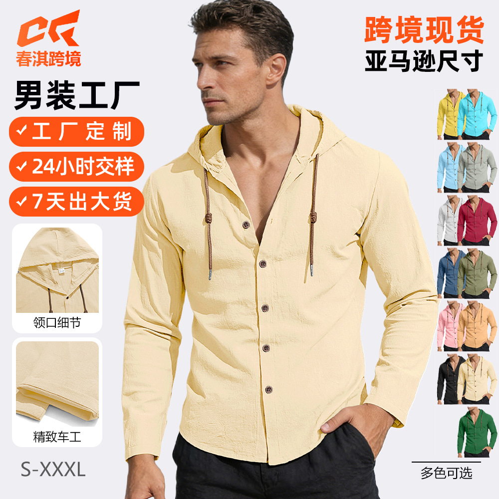 Transfronterizo Amazon nuevo estilo de primavera y verano hombre encapuchado camiseta suelta de algodón puro transpirable camisa casual de manga larga