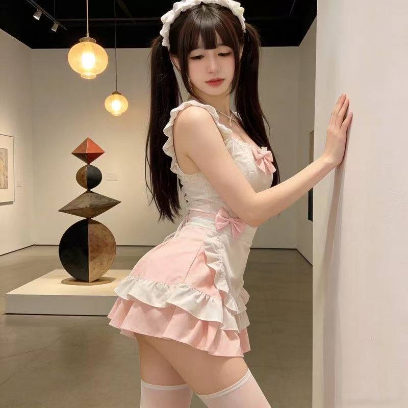 Maid Roleplay Costume Set with Tutu Skirt, Bowknot Apron and Short Dress — detail image 5