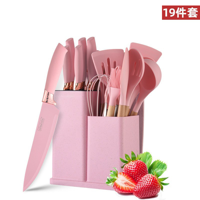 Utensilios de cocina 19 piezas traje mango de madera pala de cocina de silicona cuchara color antiadherente cuchillo cocinero Cubo de almacenamiento combinación nuevo