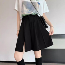 开叉西装短裤女2025新款夏季高腰宽松大码黑色五分阔腿百褶短裤子