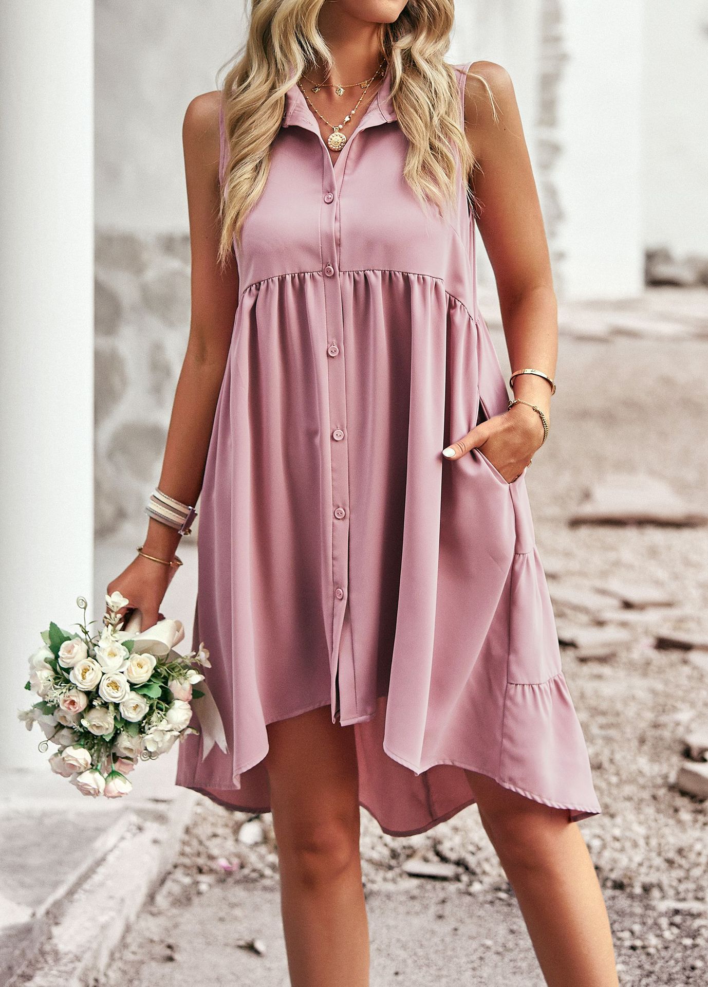 Fashion Solid Color V Neck Sleeveless Patchwork Polyester Knee-Length A-Line Skirt