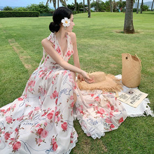 法式碎花连衣裙女高级感名媛抹胸不规则仙女裙度假风性感露背长裙
