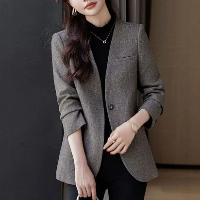 2026 New Autumn/Winter Women's Fashion High-End Casual Blazer Gray Collarless Jacket Elegant Women's Suit