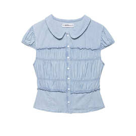 Z跨境欧美风2026新款时尚气质女装批发褶饰小圆翻领衬衫  0695061