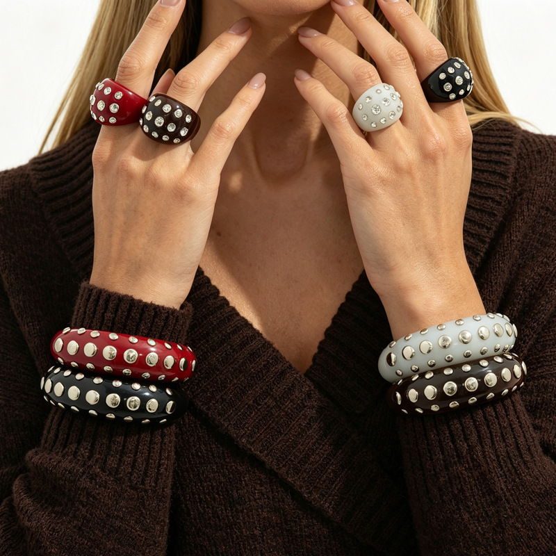 European and American Cross-Border Jewelry, Vintage Style Gradient Rivet Open Resin Bracelet, Fashionable Ins-Style Rhinestone Bracelet Set