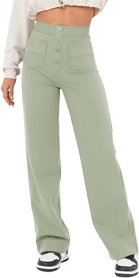 Women's High-Waisted Straight Leg Pants With Multiple Pockets - Stretch Comfort Casual Trousers For Everyday Wear_ecoleips.com
