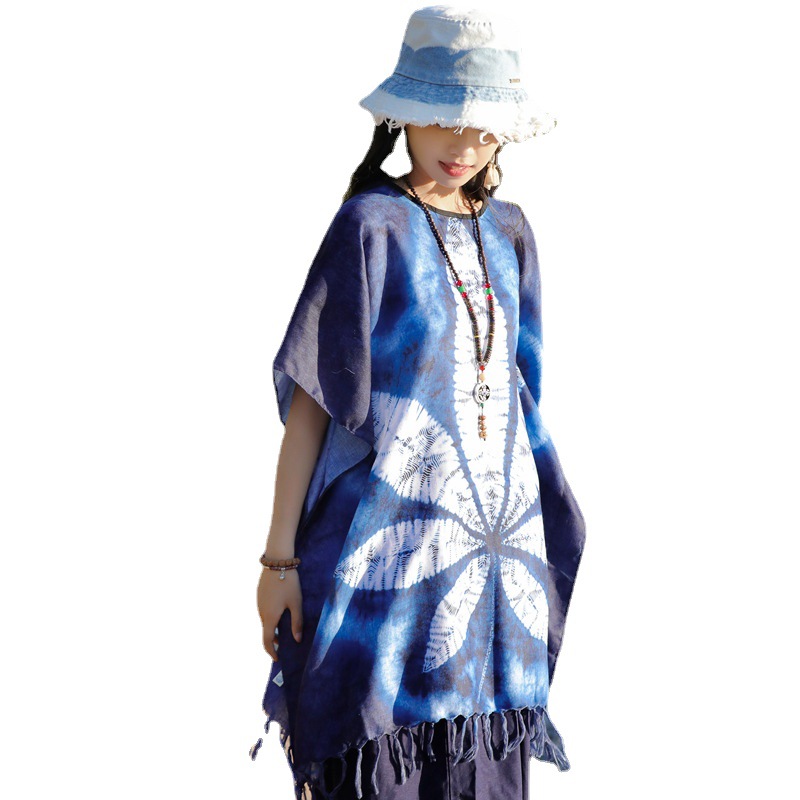 Yunnan estilo étnico teñido de algodón y lino se siente bufanda de protección solar de viaje de las mujeres suéter largo cabo exterior desgaste chal decorativo