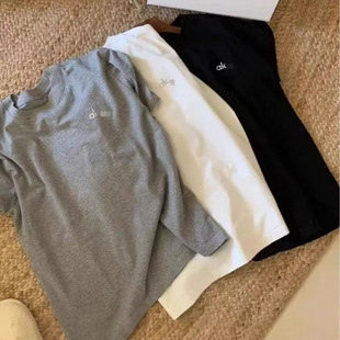 Alo Yoga Wear Old Short-Sleeved T-Shirt European and American 2024 Summer Loose Casual Round Neck Washed Brushed Sports Top Yoga
