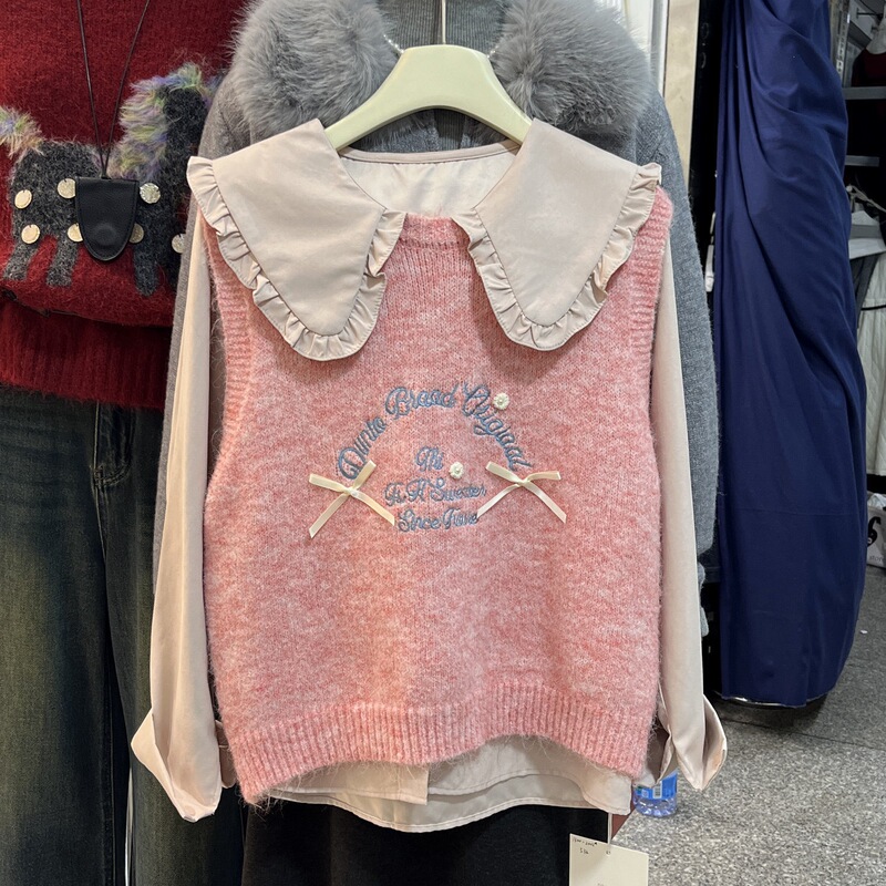 Alpaca Wool Cute Sweet Style Embroidered Bow Sleeveless Layered Sweater Knit Vest for Women Autumn Winter Top Alpaca Wool Cute Sweet Style Embroidered Bow Sleeveless Layered Sweater Knit Vest for Women Autumn Winter Top