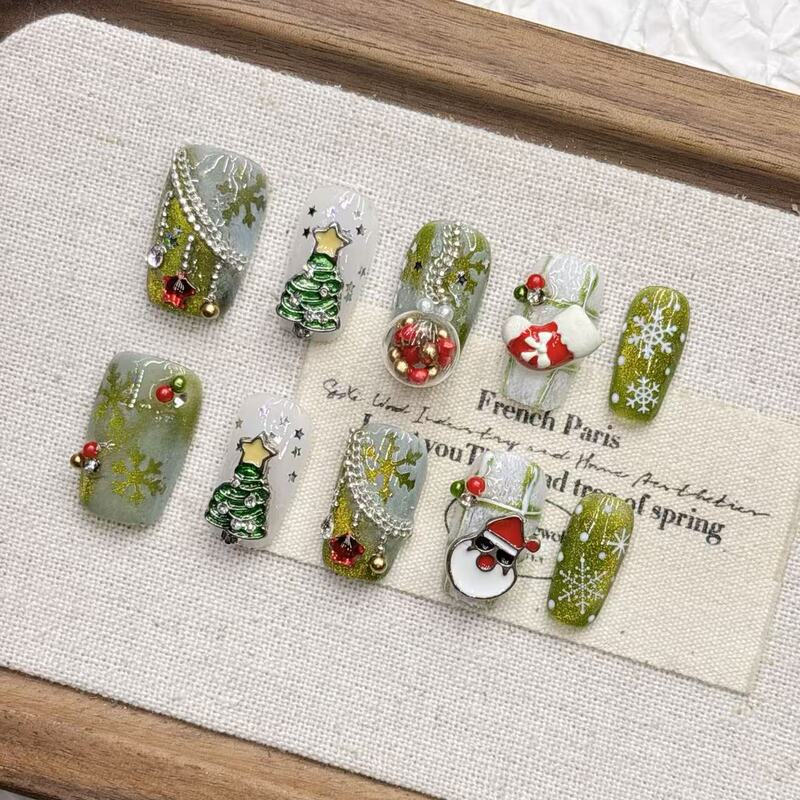 Green Christmas New Product 2026 Snowflake Autumn and Winter Short Handmade High-End Wholesale Pure Handmade Wearable Nail Art Green Christmas New Product 2026 Snowflake Autumn and Winter Short Handmade High-End Wholesale Pure Handmade Wearable Nail Art