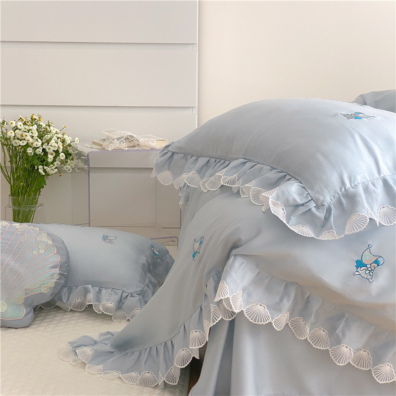 春夏高端60支奥地利兰精天丝四件套韩式荷叶边刺绣美人鱼丝滑床品