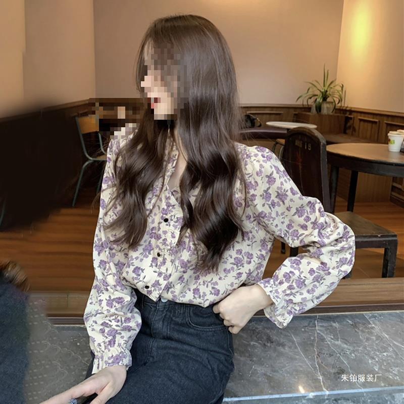 (2개) 핑크 꽃 쇼트 탑 여성 초가을 착용 짧은 V 넥 셔츠 프랑스 세련된 쉬폰 긴팔 셔츠