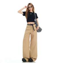 卡其色雅痞老钱风复古直筒西裤女高腰显瘦微喇休闲裤牛仔裤女