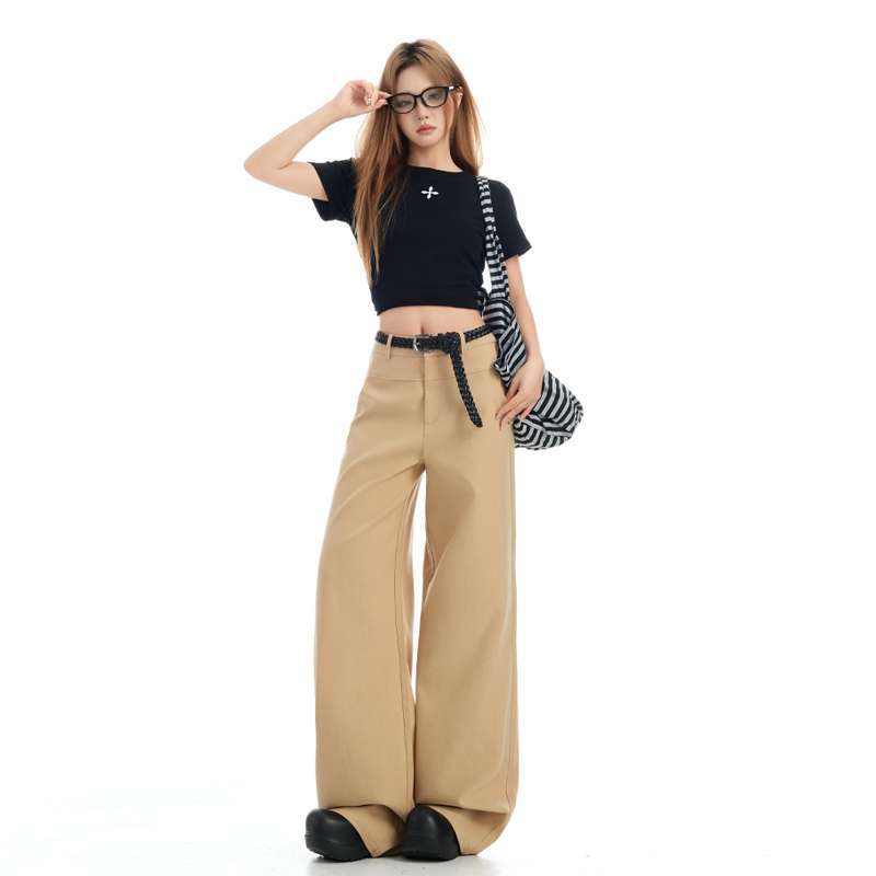 卡其色雅痞老钱风复古直筒西裤女高腰显瘦微喇休闲裤牛仔裤女