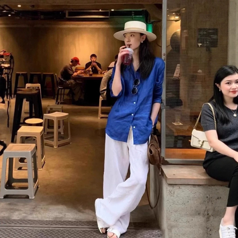 Old Money Style Linen Shirt for Women, New Summer Model, Sun-Protective White Cotton-Linen Shirt with Wide-Leg Pants Set