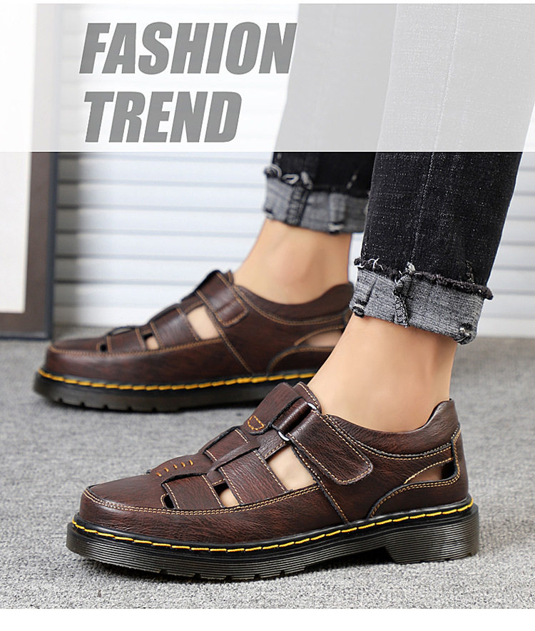 Dép sandal nam da thật bít mũi đế dày dán Velcro cỡ lớn — 202122 màu đen, 202122 đỏ nâu, Màu xám 202122 chi tiết 23