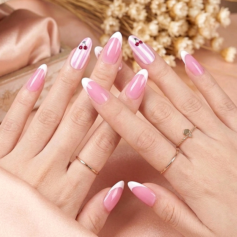 Korean-Style Ins White French Cherry Press-On Nails, Exclusively for Cross-Border Sales, Popular on Social Media, 24-Piece Versatile Nail Set