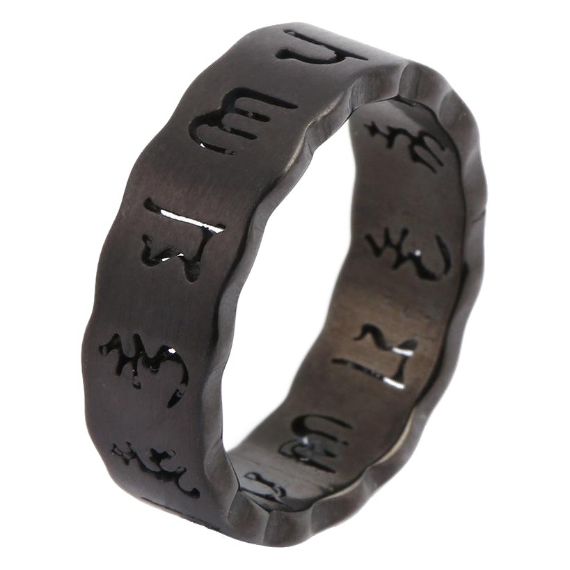 Cross-border source factory laser cutting six-character mantra color plating hollow stainless steel jewelry titanium steel gold ring