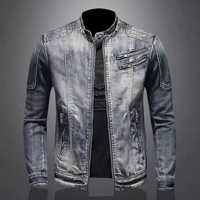 Veste en jean tendance pour homme, style rétro décontracté européen et américain, grandes tailles, col montant, fermeture éclair, idéale pour le cyclisme et la moto_voghion.com