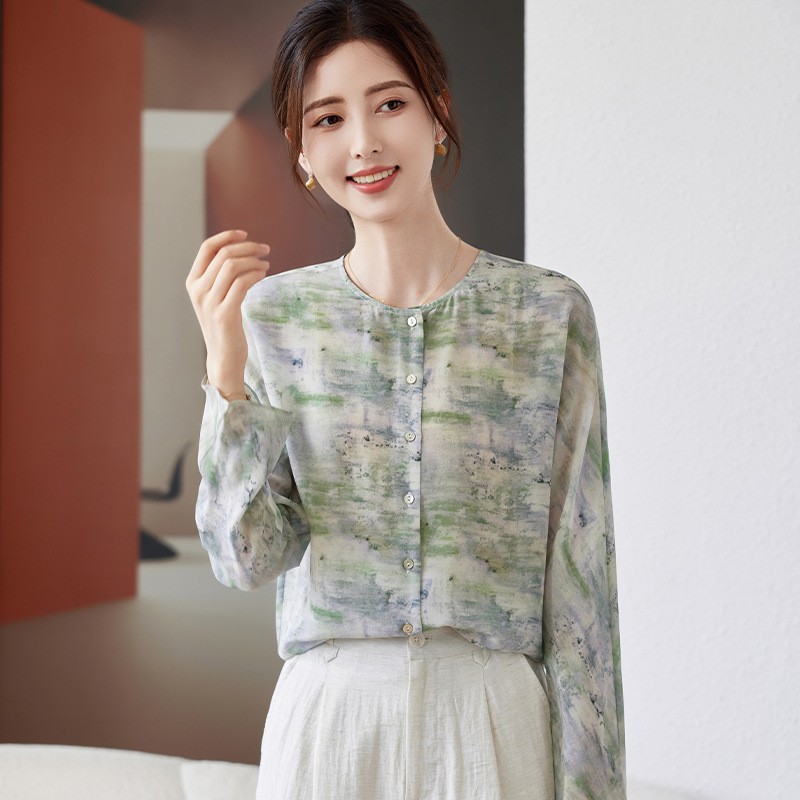 Autumn silk cardigan with a round collar