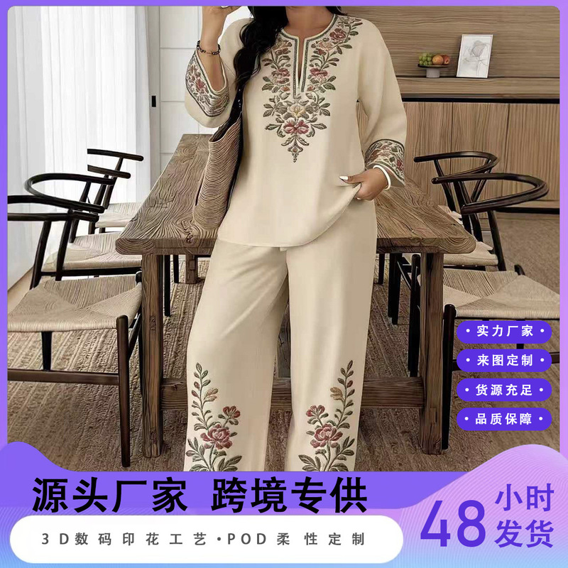 2026 Foreign Trade Y2 Cross-Border Women's Clothing Wholesale Long-Sleeve Lace Floral Ethnic Style Ladies Hot-Selling Set