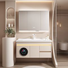 無垢材洗濯乾燥一体型浴室キャビネット、洗濯機一体型、高級感のあるセラミック一体型洗面台、多機能洗面所